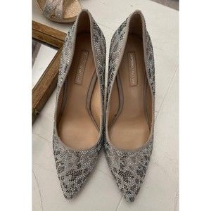 Sz 8 Antonio Melani Silver Mallana Grey Sequined/Rhinestoned Leather Heels Pumps